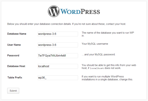WordPress installation screen